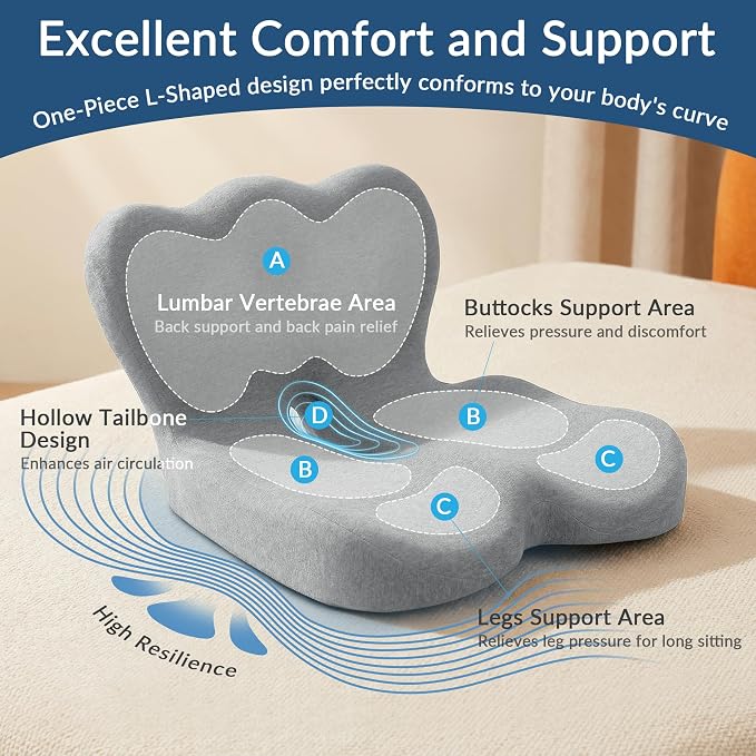 Exclusivo Mezcla Memory Foam Seat Cushion, Light Grey | Ergonomic Tailbone Pain Relief Cushions, Non-Slip Seat Pad, Suitable for Office Chair and Car Seat