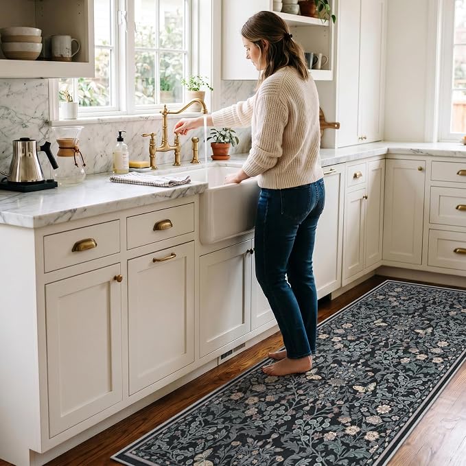 Puino Washable 3x7 Runner Rug: Soft Vintage Floral Non Slip Rubber Backing Floor Mat for Hallway Low Pile Stain Resistant Carpet for Entryway Kitchen Bedroom Bathroom Bedside Home Decor Dark Botanical