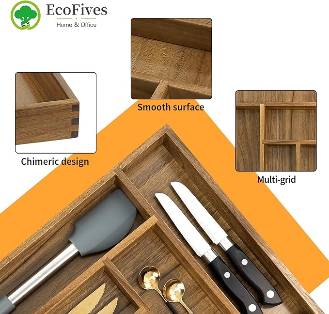 EcoFives Luxury Acacia Kitchen Drawer Organizer - Silverware Organizer - Utensil Holder and Cutlery Tray with Grooved Drawer Dividers for Flatware and Kitchen Utensils (6 Slot)