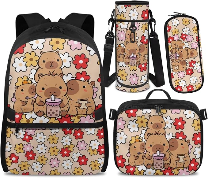 Doojoayie Floral Capybara Backpacks for Girls with Lunch Box Fashion Casual School Bags for Kids 6-8 17 inch Bookbag with Heavy Duty Zippers for Daily School Needs Keep Organized