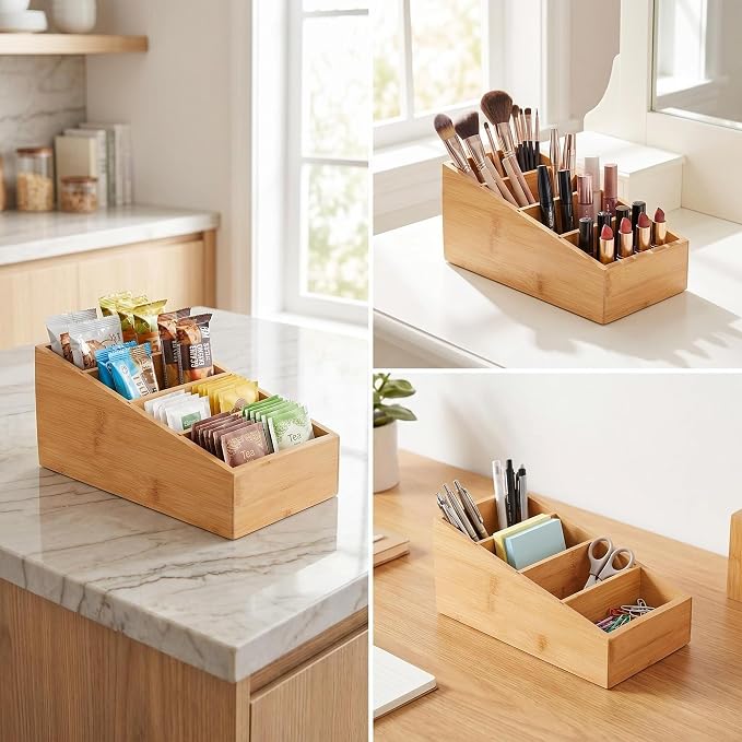 2 Pack Bamboo Food Pantry Organizers, 4 Section | Modular Wooden Storage Trays, Kitchen, Bathroom, Vanity Office Desk, Decluttering Solution, Makeup, Jewelry Office Supplies