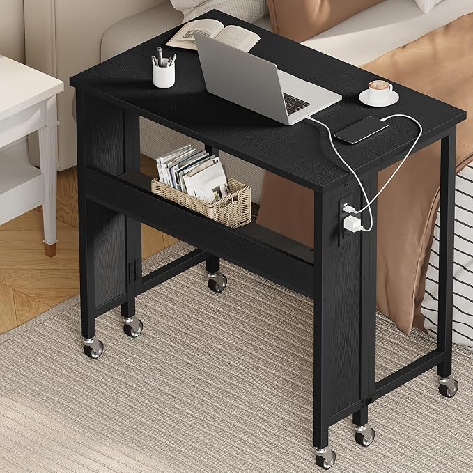 CHOEZON Folding Desk with Power Outlets, 31.5" Rolling Computer Table with Wheels, Portable Office Desk with Storage Shelf for Small Spaces Black TDN01UBB