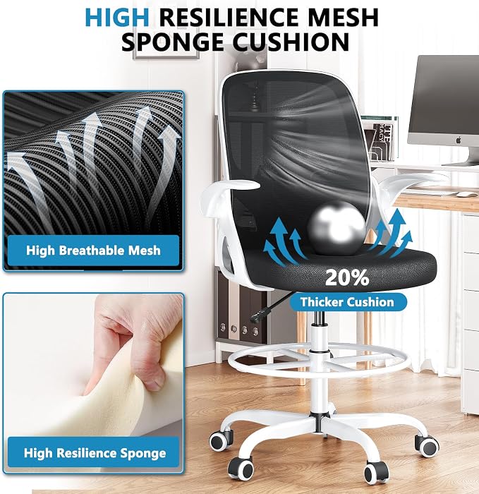 Kensaker Drafting Chair Tall Office Chair, Ergonomic Standing Desk Chair with Adjustable Foot Ring and Flip-up Armrests, Mesh Computer Chair for Art Studio, 300 LBS, White