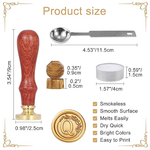 Yoption Letter Wax Seal Kit, Vintage Initial Alphabet Q with Wreath Sealing Stamp and 120 Antique Gold Wax Seal Beads