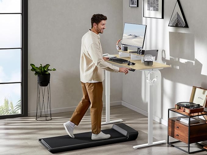 WALKINGDESK 63x24 Inches Electric Standing Desk with Drawer and Monitor Stand, Height Adjustable Sit to Stand up Desk for Home Office, Ergonomic Computer Table with Phone Holder, 3 Hooks, Oak
