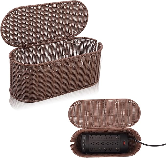 Cable Management Box, Handmade Rattan Cable Organizer, 2 Open Slots Cords Hider Box, Under Desk Cord Organizer for Computer Router USB Hub & Power Strip, 15.9" x 6.5" x 6.5", Brown