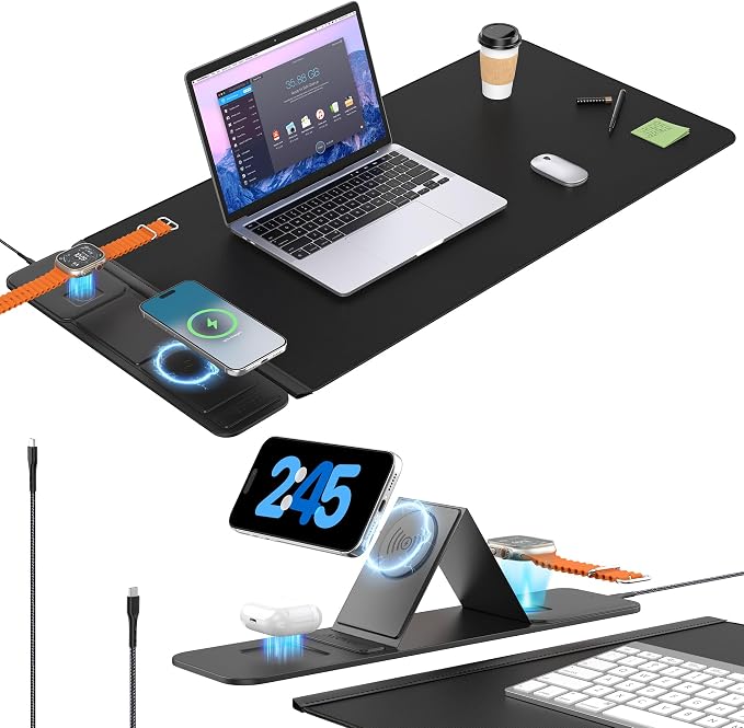 25W Wireless Fast Charging Mouse Pad with Foldable Phone Holder, 2nd Gen 3-in-1 Wireless Charging Desk Mat (25W Fast Charging Stand &Coasters)