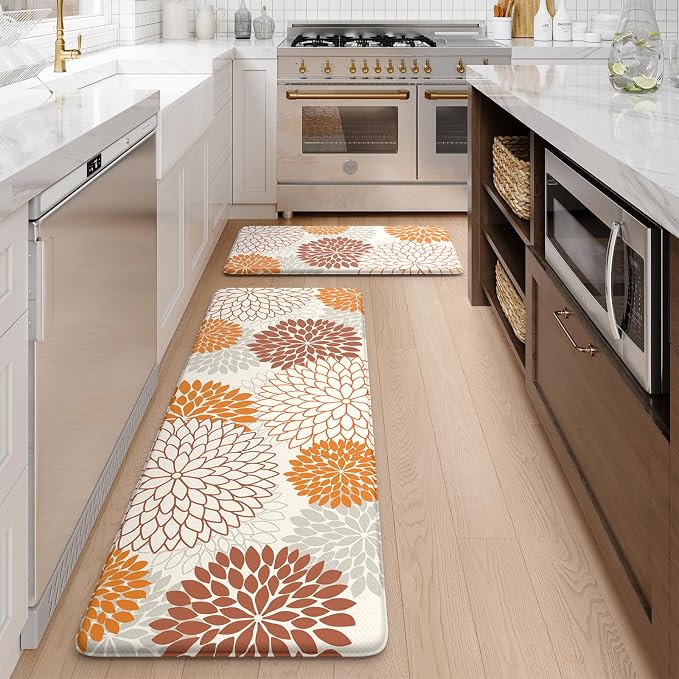 KIMODE Kitchen Mats for Floor Cushioned Anti Fatigue 2PCS Fall Kitchen Rugs | Dahlia Floral, 17"x47"+17"x29",Farmhouse Boho Floor Mats ,Non Slip,Waterproof,Comfort Desk Mat for Sink Office Laundry home