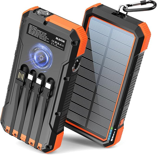 BLAVOR Solar Power Bank 20000mAh Built in 4 Cables, 20W Fast Charging Portable Charger with Wireless Charger for Apple Watch, Super Bright Flashlight, Compatible with all Phones and Electronic Devices