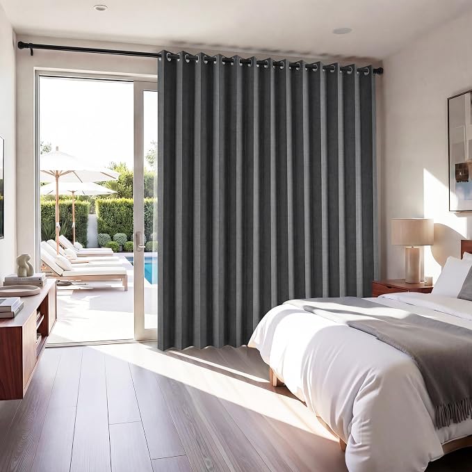 RYB HOME Accordion Style Room Divider Curtain-100% Blackout Folding Accordion Curtain for Sliding Glass Door/Bedroom, Privacy Assurd Living Room/Office Drape 1 Panel with Tieback, W100 x L84, Black
