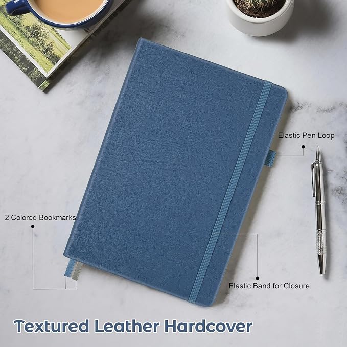 College Ruled Notebook, A5 Hardcover Leather Notebook for Work, Lined Notebook Journal for Women, Men, 100GSM Thick Paper, Large Notebook with Pockets, Professional Business Notebook, 5.7"x8.5", Blue