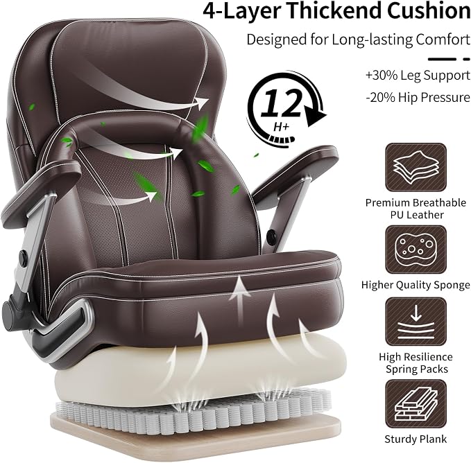 Big and Tall Office Chair, Heavy Duty Desk Chair with 5D Arms, Adjustable Lumbar Support & Height, Tilt Function, PU Leather High Back Ergonomic Executive Computer Chair
