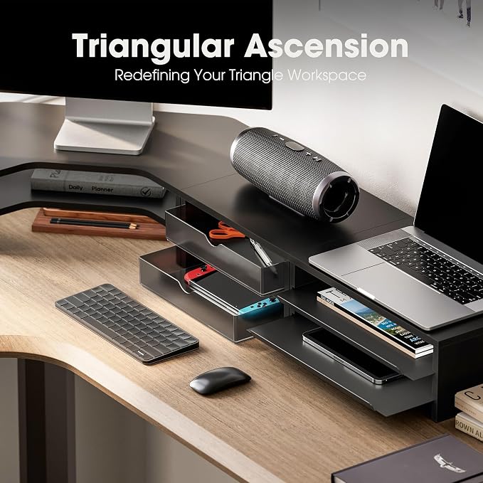 Fenge Dual Monitor Stand, Corner Desk Shelf with Drawer & Slide-Out Tray | Modular Design for Flexible Layouts, 2-Tier Storage Desktop Organizer for Computer, Laptop, Printer and Telephone