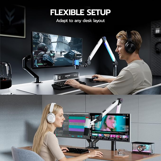 ARES WING Aluminum Microphone Boom Arm with RGB Light and Volume Control, Adjustable Mic Arm Desk Mount with 3/8” to 5/8” Screw Adapter, Suspension Scissor Mic Stand for Gaming Streaming Podcasting