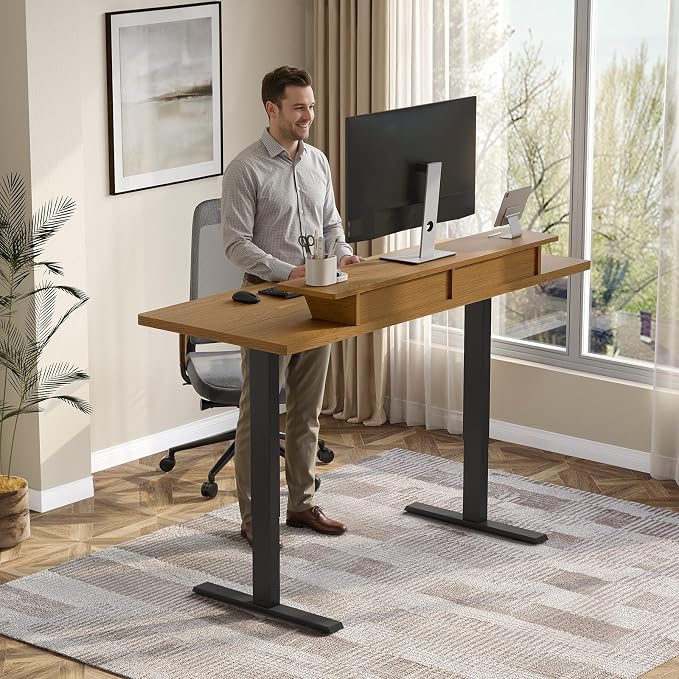 63 x 24 Inches Electric Standing Up Desk with Monitor Shelves,Height Adjustable Computer Desk from 28-46''with Memory Controller,Modern Home Office Desk for Work,Study,Oak Brown