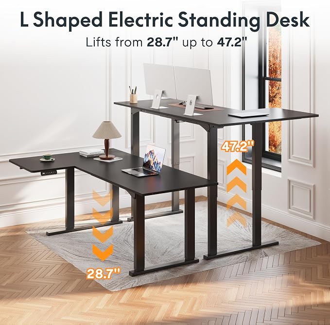 FLEXISPOT 4-Leg L-Shaped Standing Desk, 71 x 43 Inches, Black | Electric Height Adjustable, 220lb Load Capacity, Reversible L/R Corner Desk, Home Office, Gaming & Study