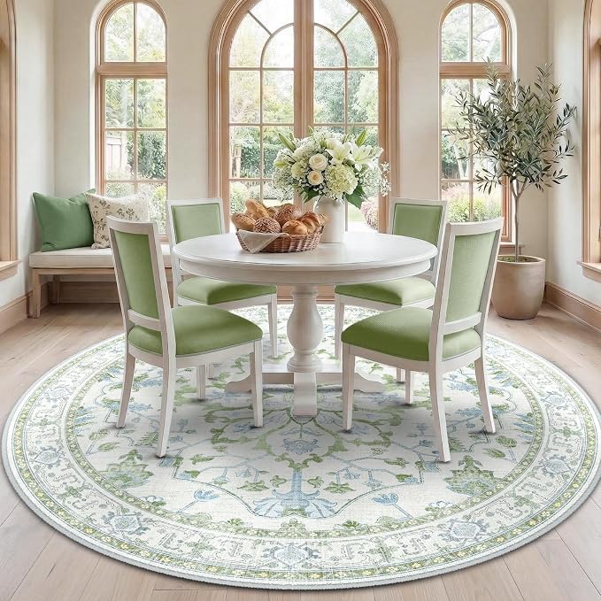 RELEANY Area Rugs Round 7ft Washable Non-Slip, Floral Vintage Distress Medallion Carpet for Living Room Bedroom Dining Room, Green White Blue