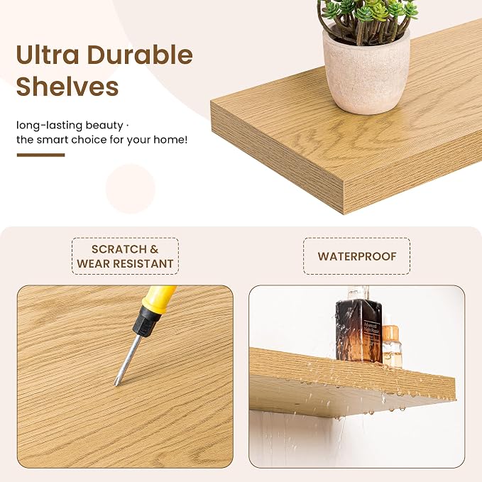32in Floating Shelves for Wall, 32"W x 9.25"D x 1.25"H, 2 Pack Long Wall Mounted Engineered Wood Shelves with Invisible Brackets for Living Room, Bedroom, Bathroom, Kitchen Decor and Storage, Oak