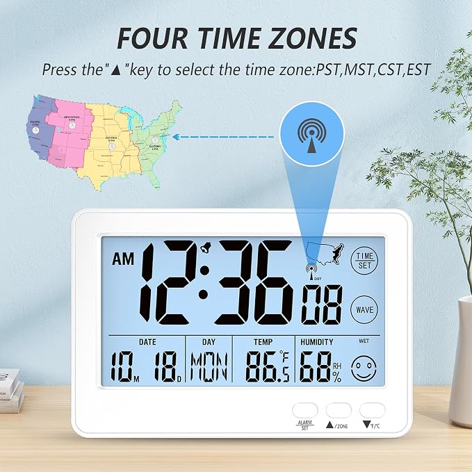 Small Desk Atomic Alarm Clock for Bedroom, Self-Calibrating Time and Date Clock with 4 Time Zone, DST, Temperature, Humidity, Alarm and Snooze for Children's Bedroom, School