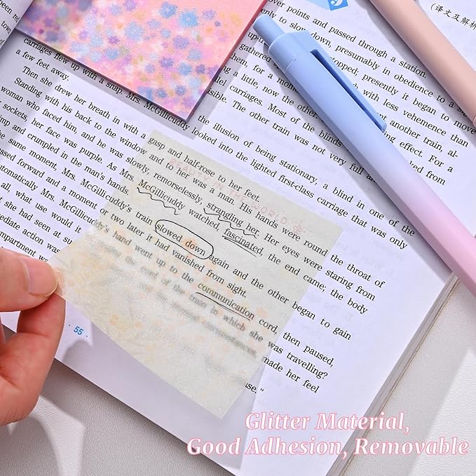 200 Sheets Transparent Sticky Notes, 3 x 3 Clear Self-Stick Note Glitter, Aesthetic Translucent Memo Pads, See Through Self-Adhesive Note for Office School (Multicolored Flower)