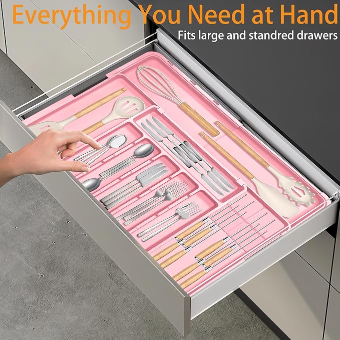Silverware Organizer - Expandable Large Kitchen Drawer Organizer Utensil Organizer with 2 Knife Block Inserts, 22"x 19"Cutlery Tray with Drawer Dividers for Kitchen Flatware (Pink)