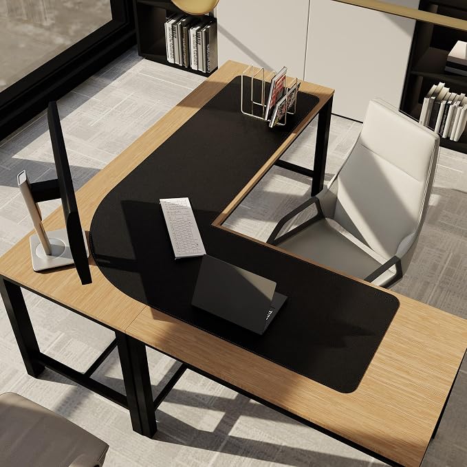 Chihein 53.2” x 65” x 19.7” L Shaped Leather Desk Mat - Big Gaming Corner Desk Pad, Non-Slip Waterproof Surface, Easy to Clean, Perfect for Office, Home (Black/Gray)