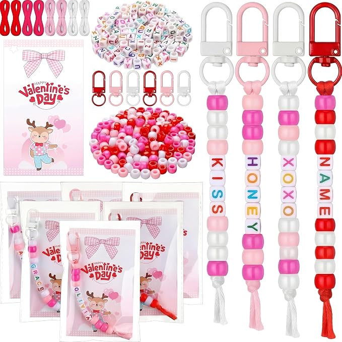 Suncalla 984 Pcs 24 Set Valentines Crafts Keychain DIY Key Chain Making Kit Gift Bead Adjustable Letter Beads Cards Strings Kit Sweet Valentine's Gift Accessories Party Favors for Adult