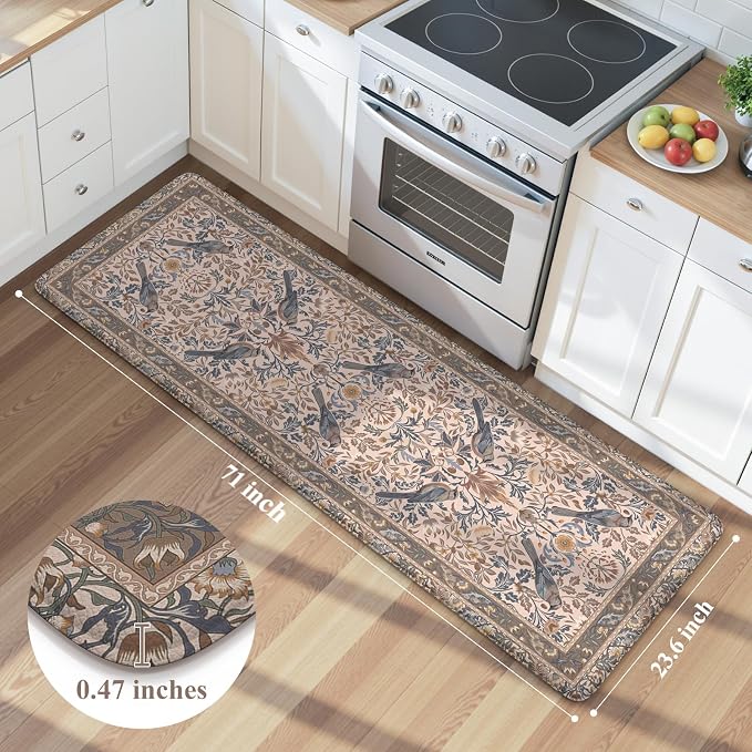 KIMODE Kitchen Mats for Floor Anti Fatigue,Cushioned Runner Rug | 23.6"x71",Khaki Beige,Floral Bird Boho Runner Rug Non Slip ,Wide Long Padded Kitchen Floor Mat for Laundry Sink Office Home