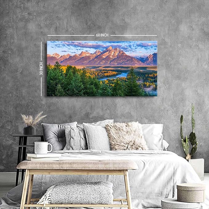 AIYISU Grand Teton Mountain Wall Art Sunset Nature National Park Posters Oxbow Bend Snake River Landscape Wall Decor Wyoming Scenery Painting Artwork for Living Room Office Home Decoration 30x60