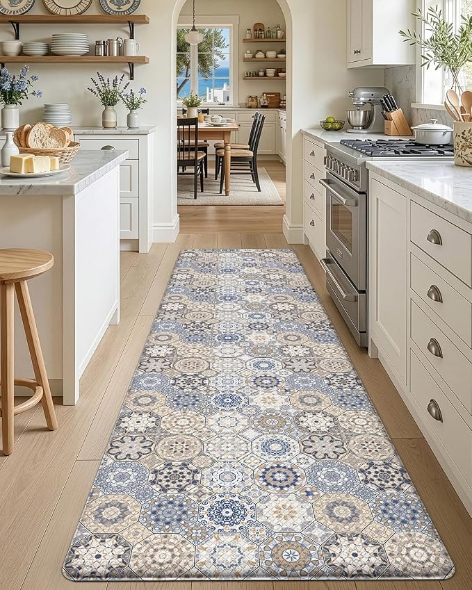 DEXI Anti Fatigue Kitchen Mats for Floor, 23x86, Cushioned Standing Padded Mat Waterproof, Comfort Runner Rug for Laundry Room Office, Light Blue