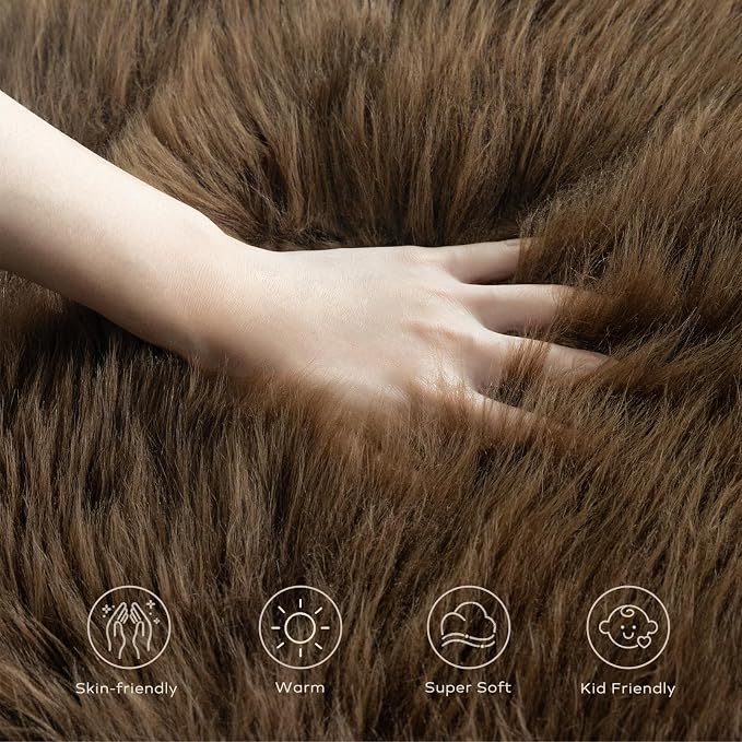 Ashler Faux Fur Rug - Fluffy Shaggy 3 x 3 Feet Sheepskin Fur, Dark Coffee Fuzzing Rug - Nursery Decor Throw for Bedroom, Living Room, Kids Room