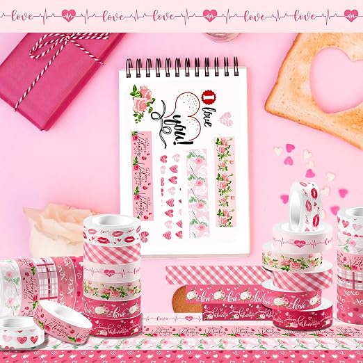 12 Rolls Pink Heart Washi Tape Set, Love Heart Cute Masking Tape Decorative Paper Tape for DIY Craft Wrapping Scrapbook Envelope Birthday Wedding Tea Party Decor,16.4FT