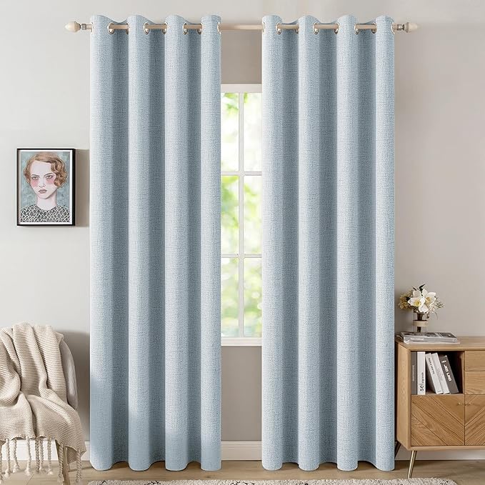MIULEE 100% Blackout Linen Textured Curtains for Bedroom Solid Thermal Insulated Chambray Blue Grommet Room Darkening Curtains & Drapes Luxury Decor for Living Room 52 x 108 Inch (2 Panels)
