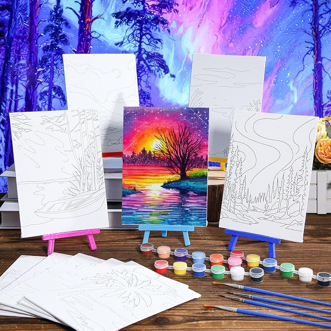 Blosssound 10 Set Pre Printed Canvas Pre Drawn Canvas Painting with Easel Kits 5" x 7" Outline Painting Panels for Beginners, DIY Craft Project, Home Decors(Dream Sky)