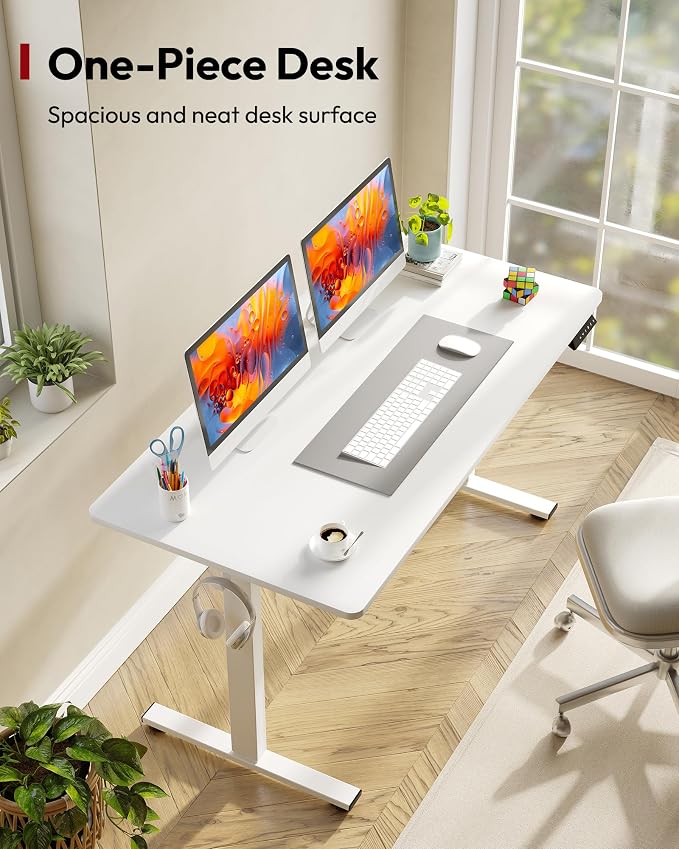 SANODESK One-Piece Electric Standing Desk, Seamless 55 x 28'' Ergonomic Height Adjustable Sit Stand Desk with Memory Presets for Home Office Computer Workstation, White Frame/White Top