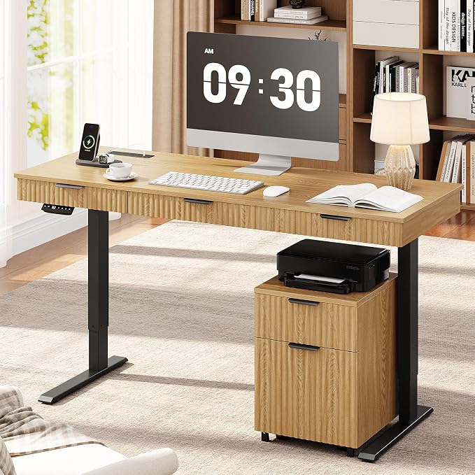 55" Electric Standing Desk with File Cabinet, Height Adjustable Desk,Oak | Standing Desk with Drawers, Roilling Filing Cabinet, File Cabinet with Drawers, Adjustable Desk for Home Office, Work, Study