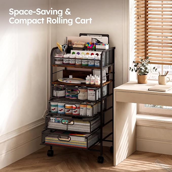 Rolling Art Cart with 4 Drawers, Rustic | Art Supplies Organizer, 5-Tier Storage, Adjustable Dividers, Anti-Pull Mesh Drawers, Metal Frame, 4 Casters with 2 Locks