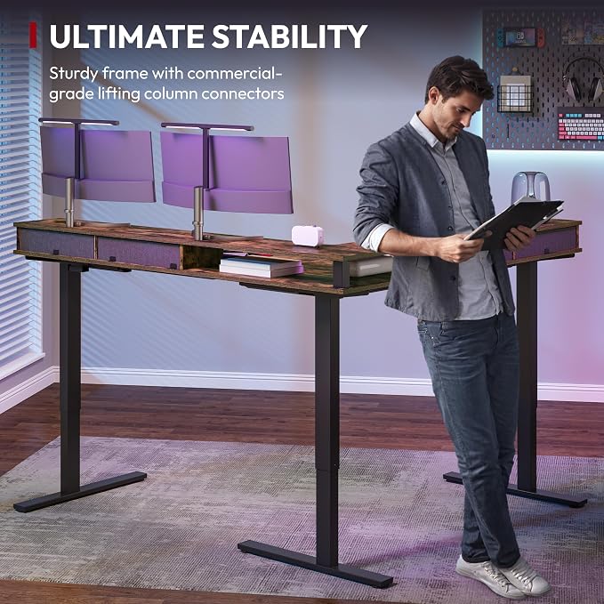 SANODESK 63" L Shaped Standing Desk with 4 Drawers, Height Adjustable Stand up Desk, Corner Gaming Desk with Monitor Stand, Black Frame/Rustic Brown Top