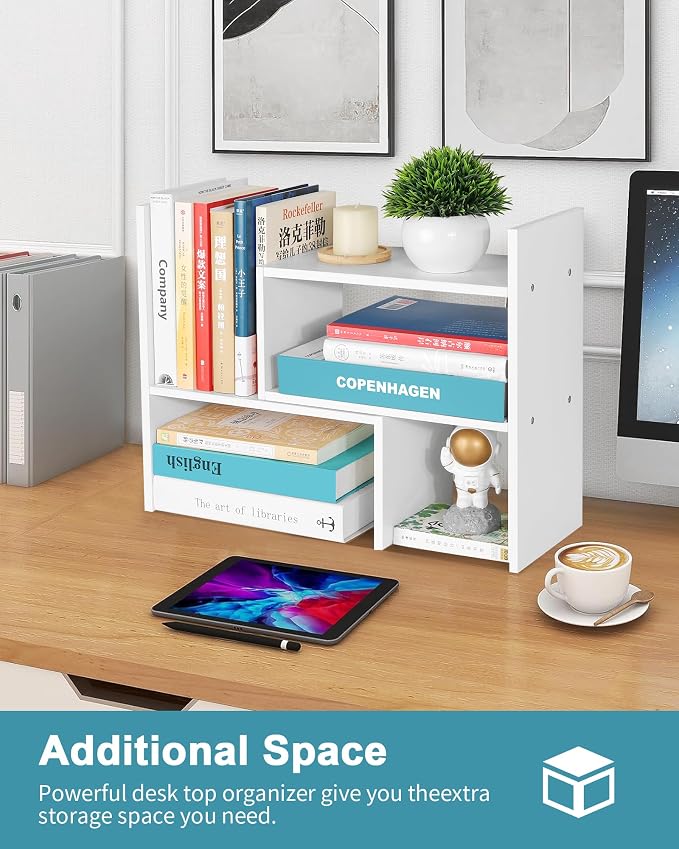 Desktop Shelf Organizer,Adjustable Stackable Office Storage Rack,Wood Display Shelf,White Small Bookshelf for Desktop,Tabletop Desk Shelf,Multipurpose Shelves for Office, Dormitory,Home Decor.