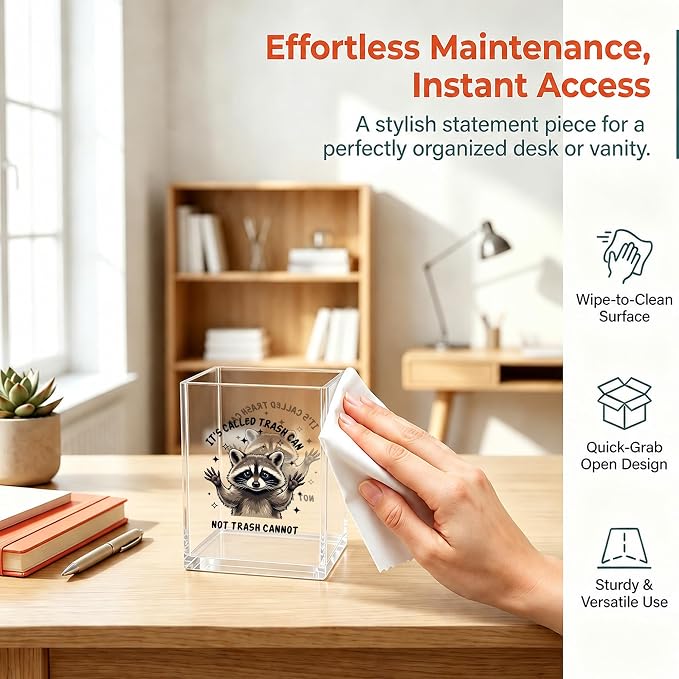 Funny Raccoon Office Acrylic Cosmetic Pen Pencil Holder Cup, Trash Can Not Trash Cannot Cute Pencil Organizer, Unique Desk Accessories, Motivational Gifts for Women Men Coworker（A31）