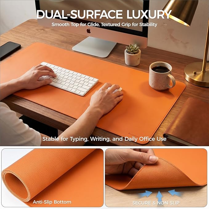Large Desk Pad Non-Slip Desk Mat Protector for Keyboard Mouse Waterproof Vegan Leather Surface Faux Leather Laptop Mat Smooth Mouse Pad Premium Gift Tube Sunset Orange 23.6" X 13.7"
