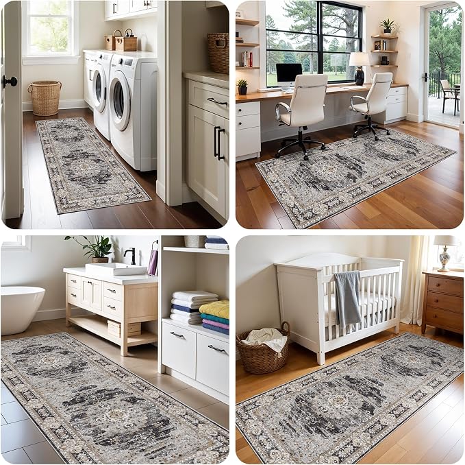3x10 Runner Rug for Hallway Washable: Non Slip Kitchen Rugs with Rubber Backing Soft Waterproof Mats Stain Resistant Indoor Vintage Carpet Runner for Bedroom Bathroom Laundry Entryway Black/Gray