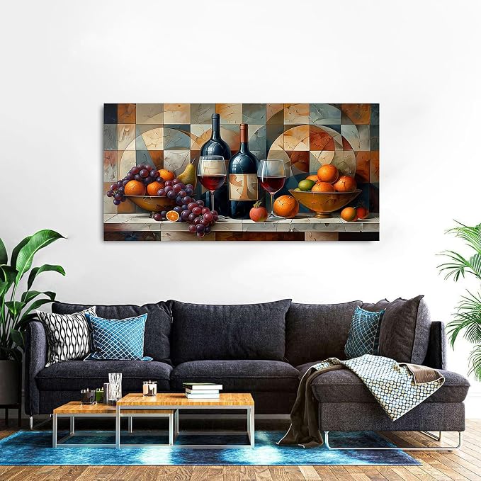 AIYISU Geometric Kitchen Wall Art Abstract Wine Canvas Prints Red Wine Glass and Fruit Pictures Rustic Farmhouse Still Life Painting Wine Bar Decor for Dining Room Restaurant Home Decorations 30x60