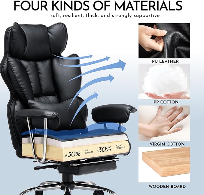 Efomao Big and Tall Office Chair, 400lbs Heavy Duty High Back Executive Chair with 23.6" Extra Wide Seat, PU Leather Desk Chair with Footrest and Padded Armrests, Black