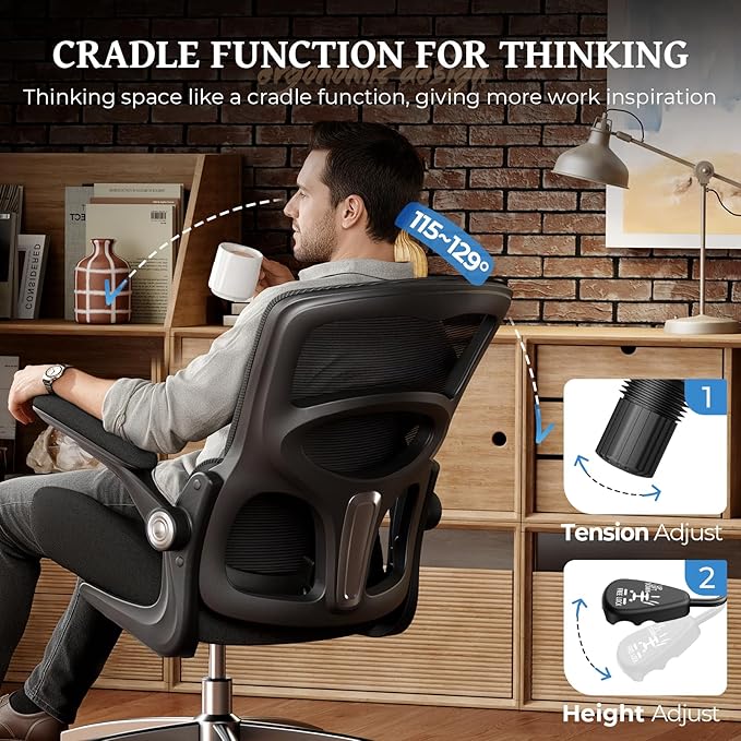Ergonomic Office Chair - Adjustable Lumbar Support | 350lbs Big & Tall Heavy Duty Mesh Comfy Chair with Flip-Up Arms Gaming Chairs for Adult Home and Business