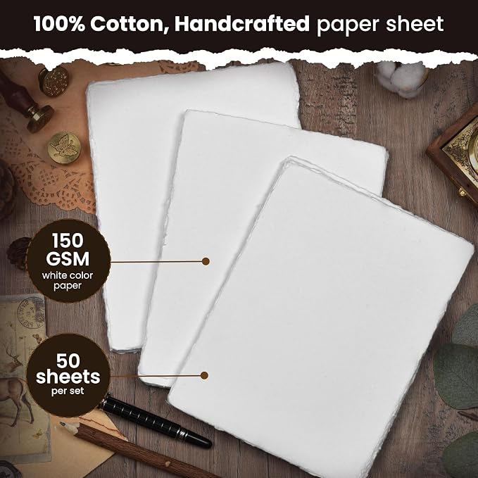 LEATHER VILLAGE Watercolor Paper - 6 X 4 inches, 50 Sheets - Mixed Media Watercolor Paper - 150 GSM Thick Deckle Edge Virgin Cotton Handmade Paper - White