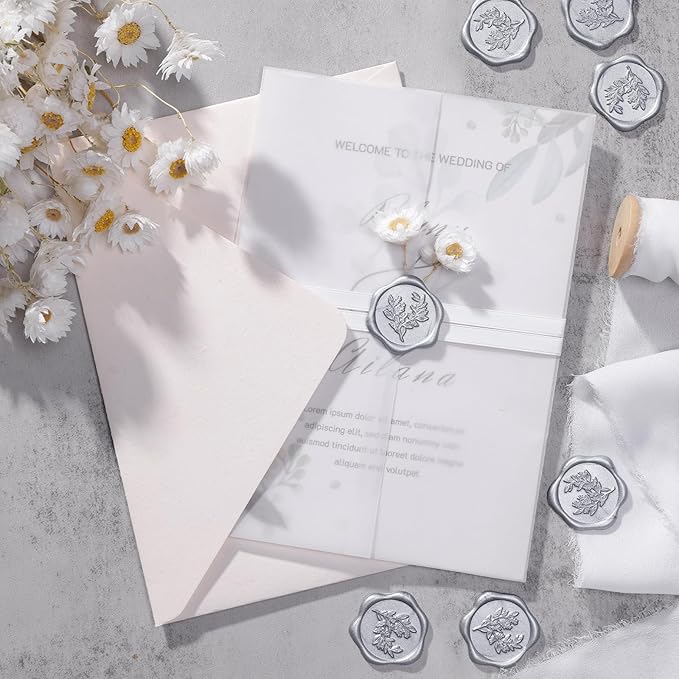 UNIQOOO Wax Seal Stickers - Eucalyptus Wedding Invitation Envelope Seal Sticker, 50 Pcs Self- Adhesive Silver Stickers, Perfect for Invitation, Christmas, Gift Wrapping, Party