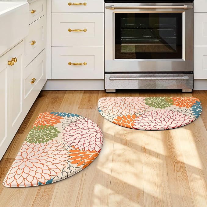 KIMODE Half Circle Kitchen Mats for Floor Cushioned Anti Fatigue 2PCS Semi | 28"x18"+28"x18",Half Round,Orange,Boho Kitchen Rug Sets of 2,Non Slip,Waterproof,Padded Kitchen Carpet Decor for Sink Laundry
