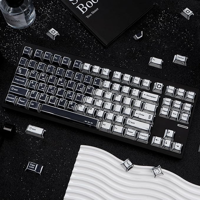 PBT Keycaps, Black and White Manga Style Keycaps Set, 135 Keys Cherry Profile Dye Sub Custom Keycap Minimalis Keyboard Key caps for 60%, 65%, 75%, 100% Cherry MX Mechanical Keyboard