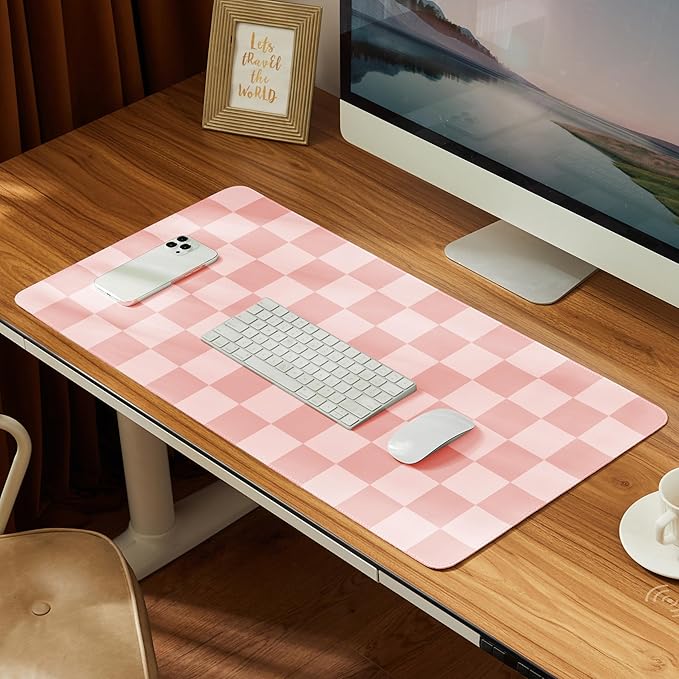 Checkered Desk Mat, 31.5" x 15.7" Large Cute Coral Pink Aesthetic Retro Accessories, PU Leather Computer Laptop Desk Mat, Mouse Keyboard Pad, Desk Writing Makeup Mat for Vanity/Work/Home Decor